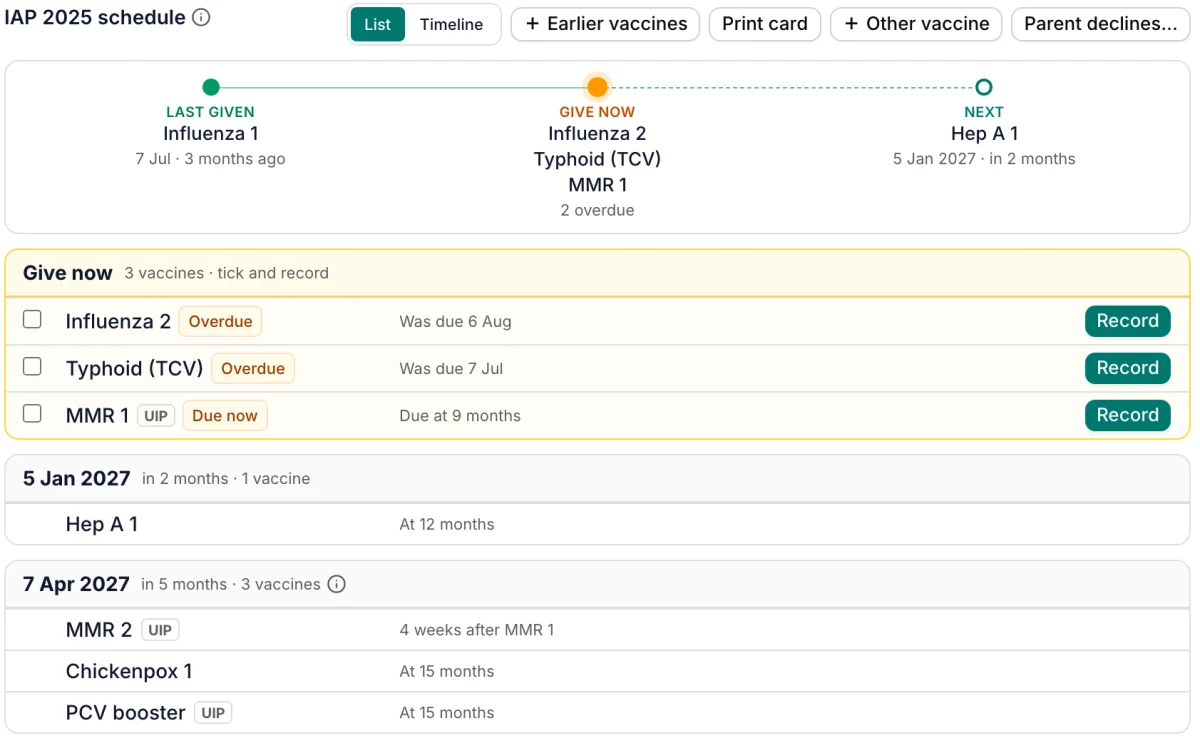 Doccine's Vaccines tab for a 9-month-old: influenza 1 given; influenza 2, typhoid and MMR 1 due now; hepatitis A next at 12 months.